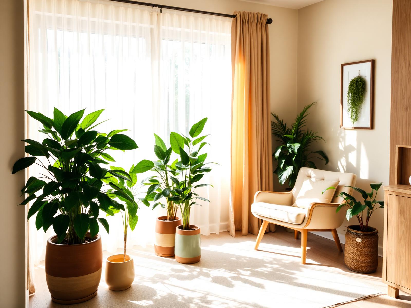 A warm therapy office filled with green plants and soft natural light